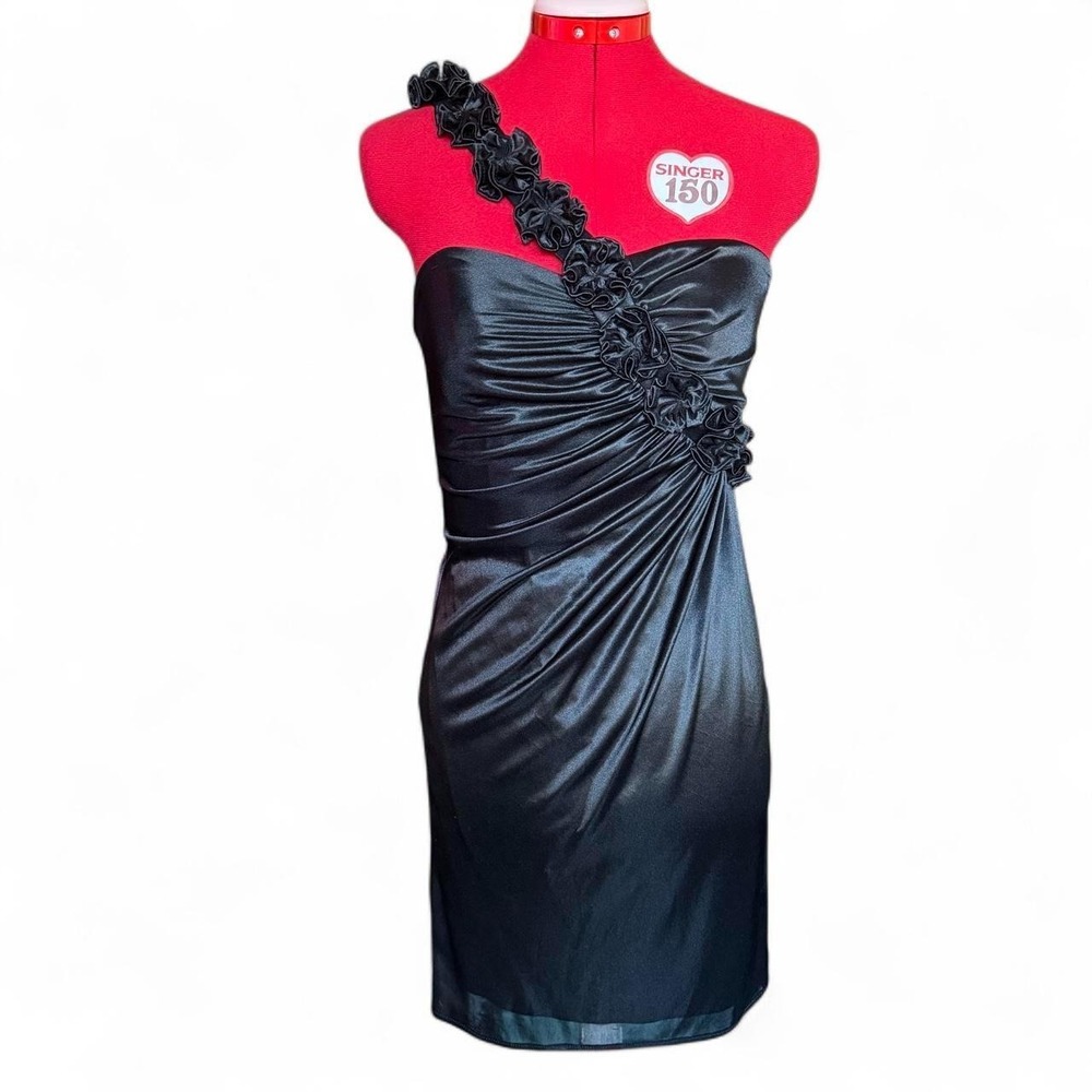 y2k morgan & co black satin party dress with floral rosette one shoulder strap